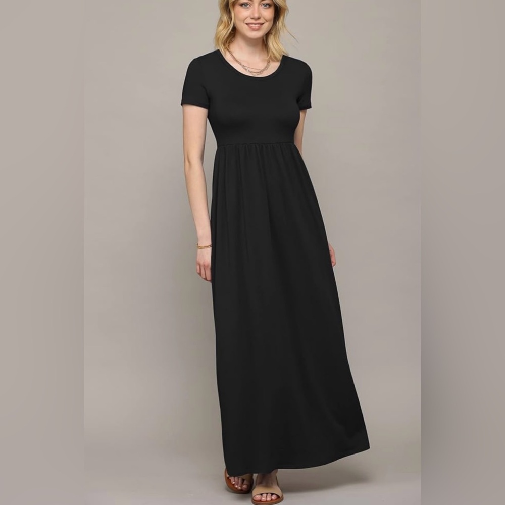 Womens Short Sleeve Loose Plain Casual Long Maxi Dresses with Pockets -black - Picture 3 of 5